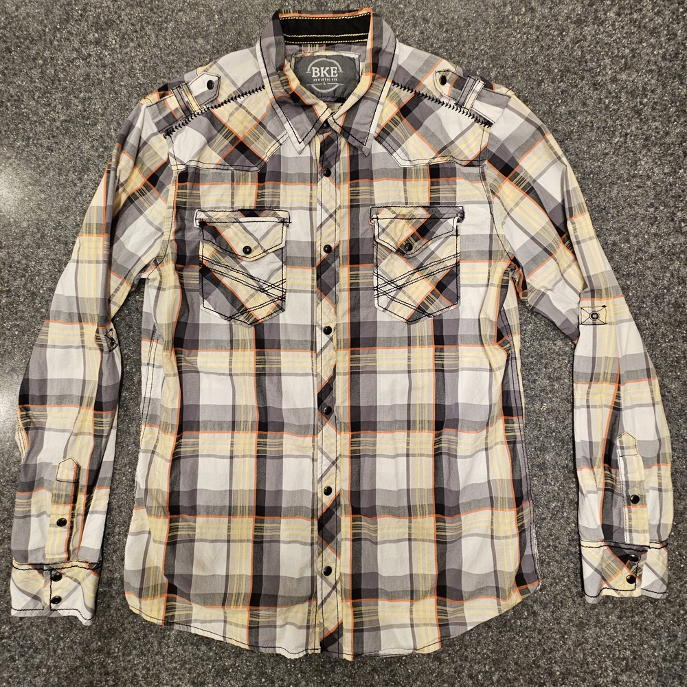 BKE Men's Casual Plaid Shirt - Gray, Orange, and Black
